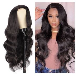 EE1- LONG 22” black wavy side part wig